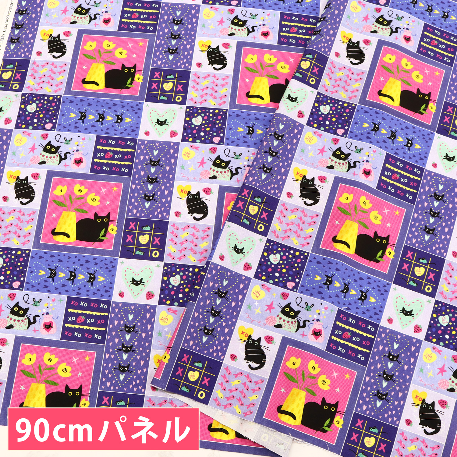 【お盆フェア】【0211再入荷】STE2973-M パープル地 黒猫 ハート TimeLess Treasures タイムレストレジャー USAプリント生地 巾約110cm 90cmパネル (枚)