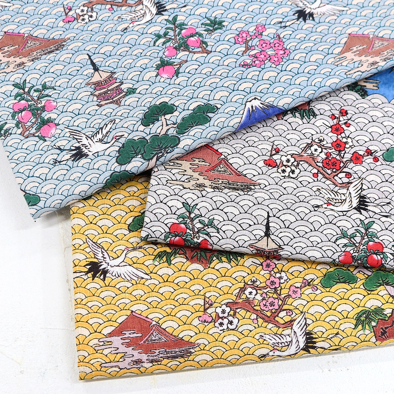 H1026-1130-3 ドビー生地 和柄 鶴と海 巾約110cm m単位(m)