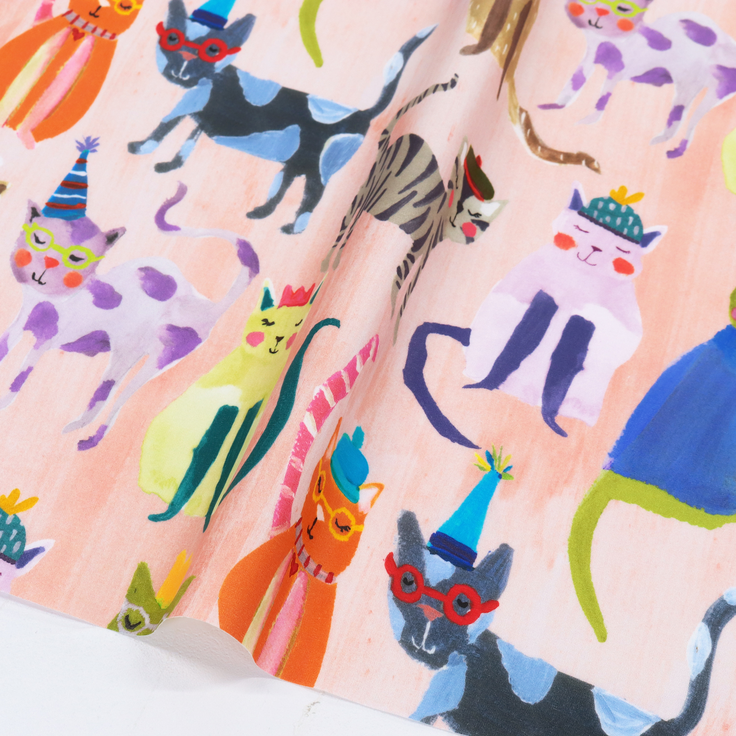 LAMI-NL-CAT-C  ピンク地 ネコ柄 イラスト オリジナル ラミネート USAコットン ラミネート加工生地 50cm単位 (枚)