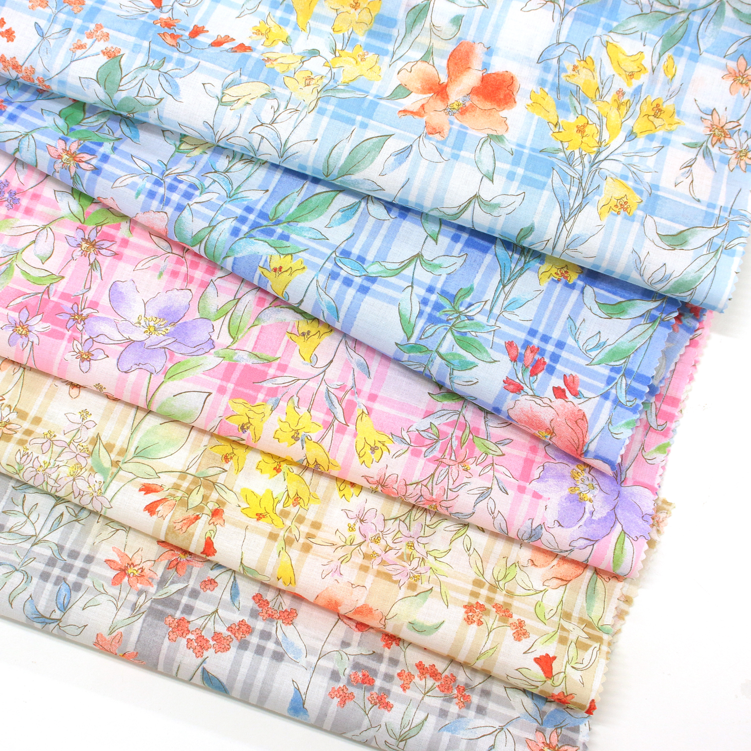KP9071H-2 60ローンプリント生地 花柄チェック 巾約110cm 1m単位(m)