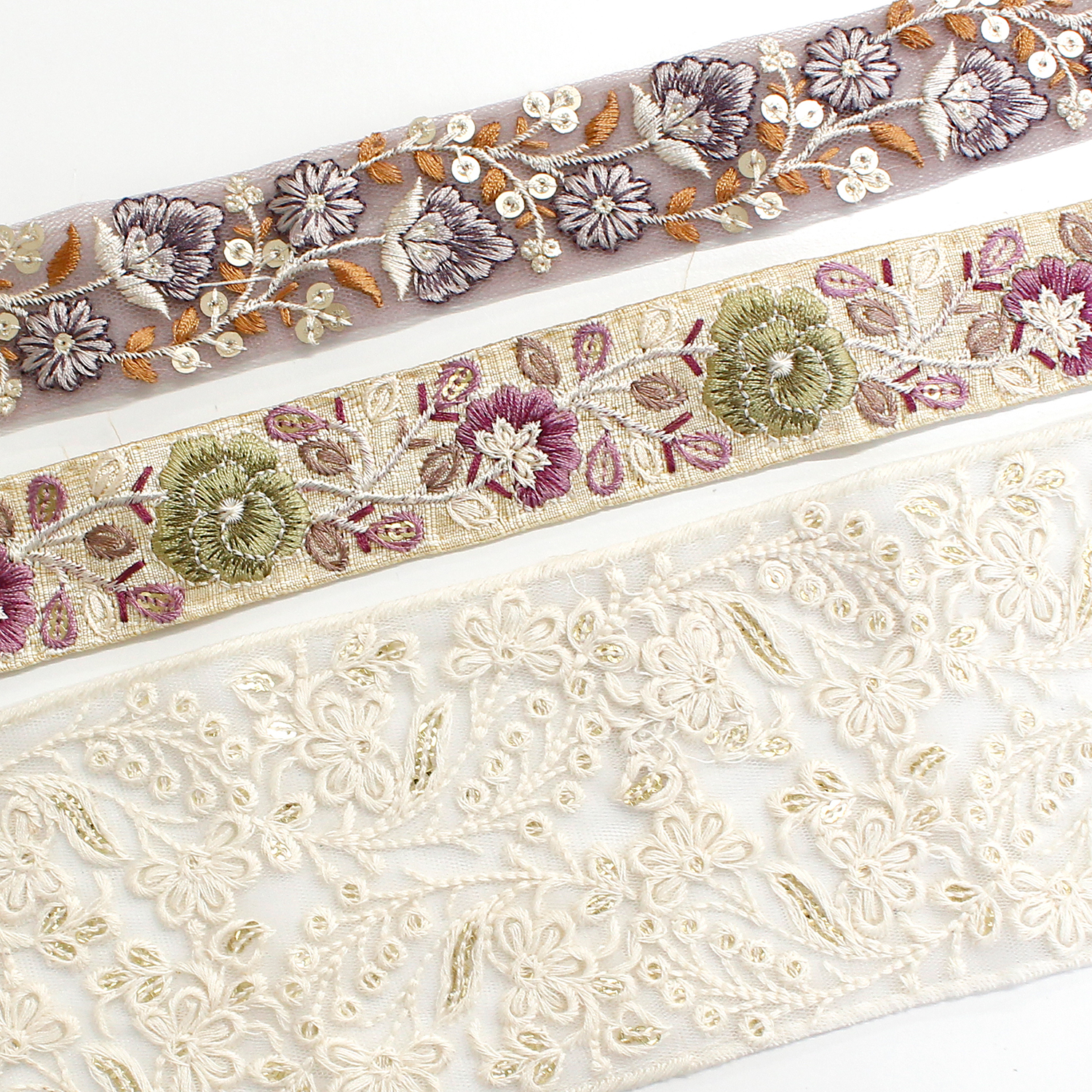 KF-RMIX-115 インド刺繍リボン パープルアソート 約30cm×3本 (袋)
