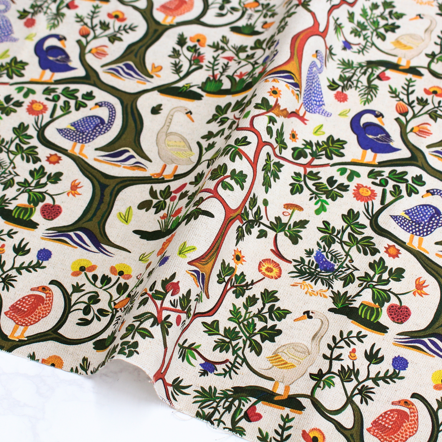 AS-TAMPERE-02 From Spain 北欧風オックス 花と鳥プリント 巾約140cm 1m単位 (m)