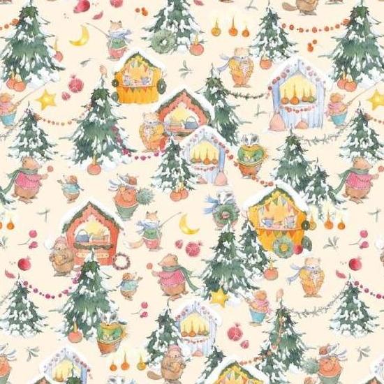 ■ACU3523-891R Christmas Tree and Animals Beige Acufactum Printed Fabric Approx. 150cm Width", Approx. 10m (Roll)