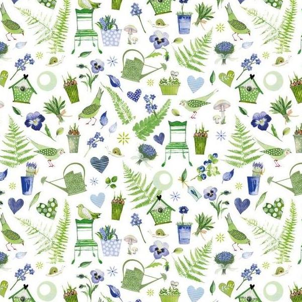 ■ACU3523-920R Pansies and Birds Green acufactum Printed Fabric Approx. 150cm Width", Original Fabric Approx. 10m (roll)