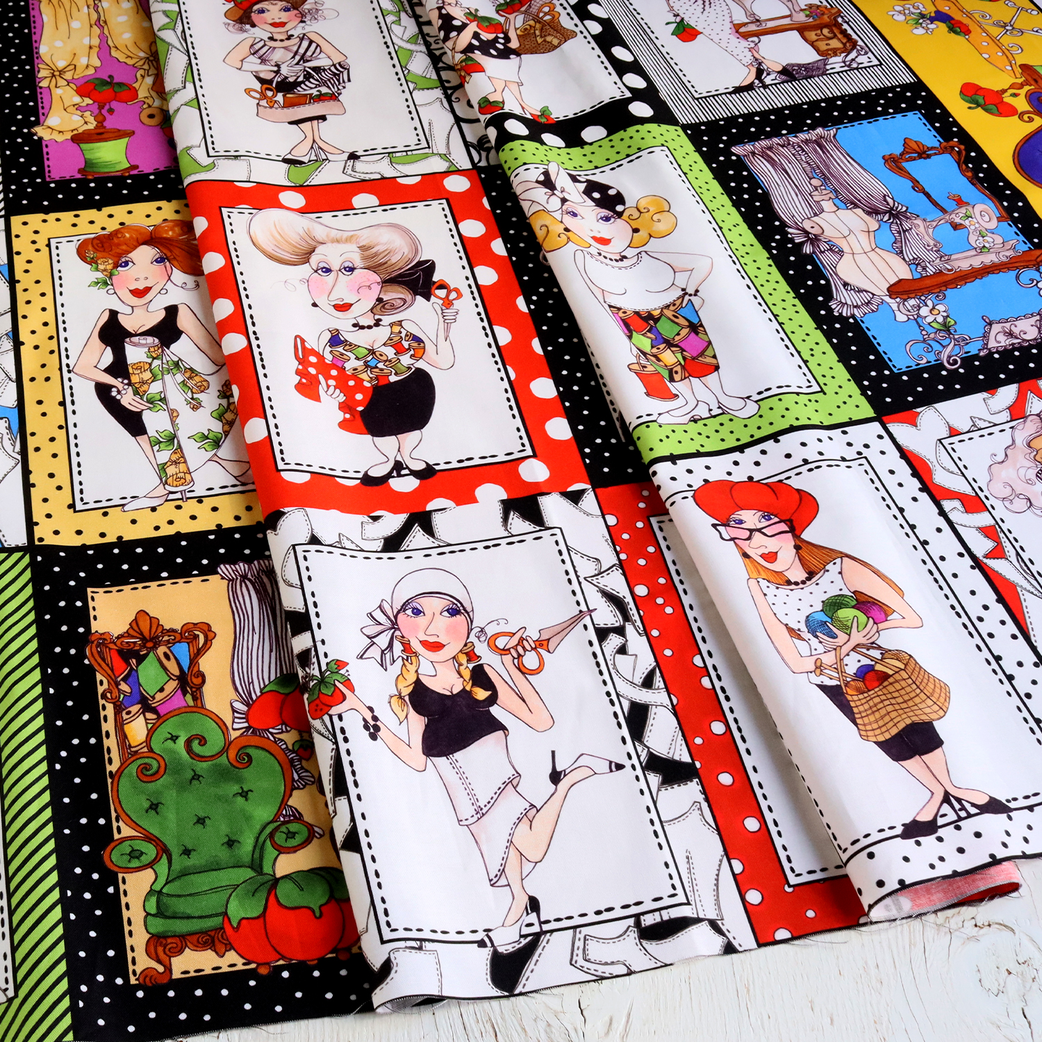 【0403再入荷】LORA691-980 ホワイト地 ソーイング レディファションポーズ Loralie Designs ローラライデザインズ USAプリント生地 約60cm パネル生地 (枚)