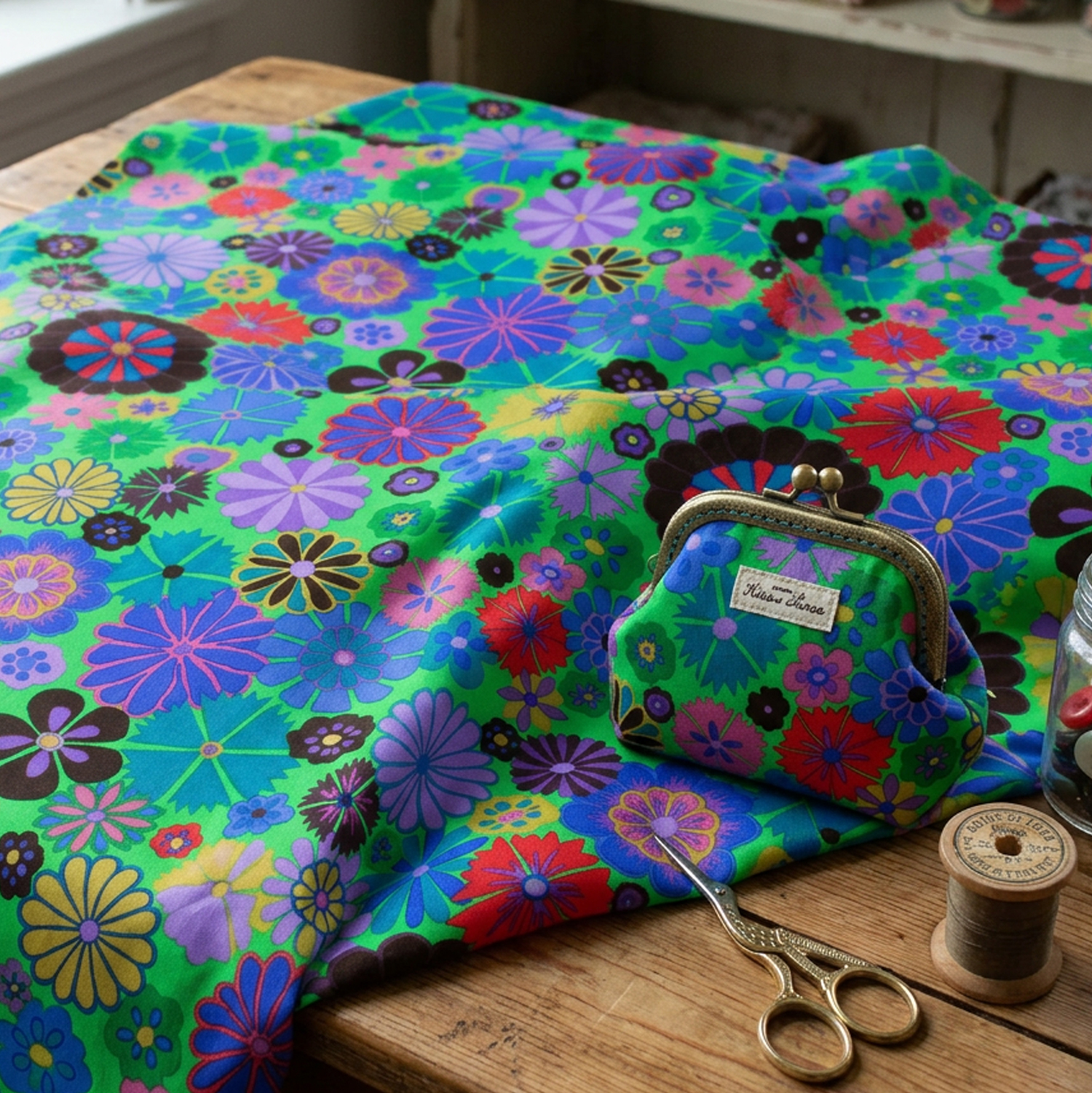 【0324新柄】FSP-939 グリーン地 カラフルフラワー レトロポップ USAプリント生地 Kaffe Fassett -ケイフ・ファセット- FreeSpirit フリースピリット USAプリント m単位 (m)