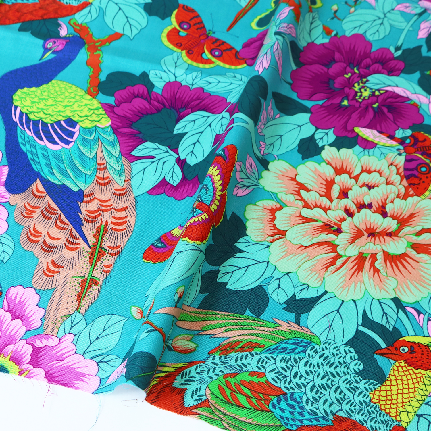 【第二弾】【2608新柄】FSP-953 ターコイズ地 花 キジ USAプリント Kaffe Fassett ケイフ・ファセット FreeSpirit フリースピリット 1m単位 (m)