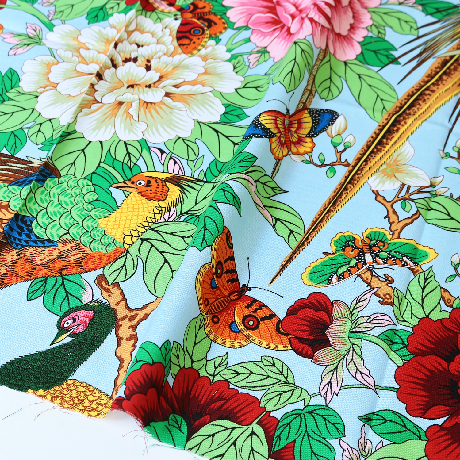 【第二弾】【2608新柄】FSP-955 水色地 花 キジ USAプリント Kaffe Fassett ケイフ・ファセット FreeSpirit フリースピリット 1m単位 (m)